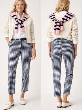 J.Crew Navy White Gingham Ankle Pants Size 2 Preppy Cotton Slim EUC Coastal
